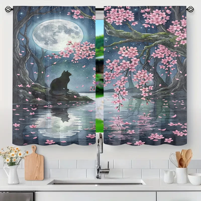 Moonlit Sakura Cherry Blossom Tree Forest Curtains Boho Style Cottage Window Decor Drapes for Kitchen Bedroom Bathroom
