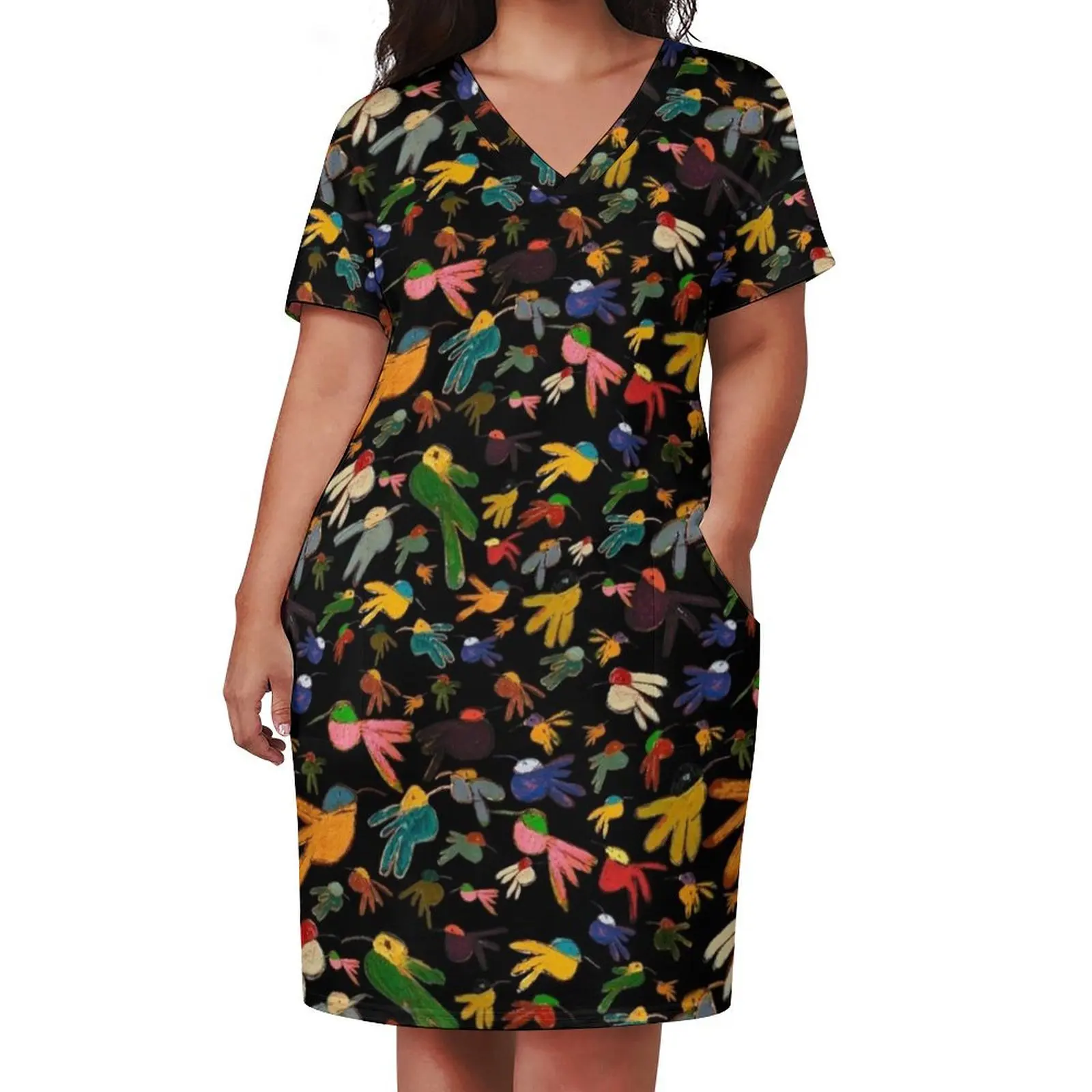 Multicolor Hummingbirds on Black Loose Pocket Dress Bride dresses Summer skirt