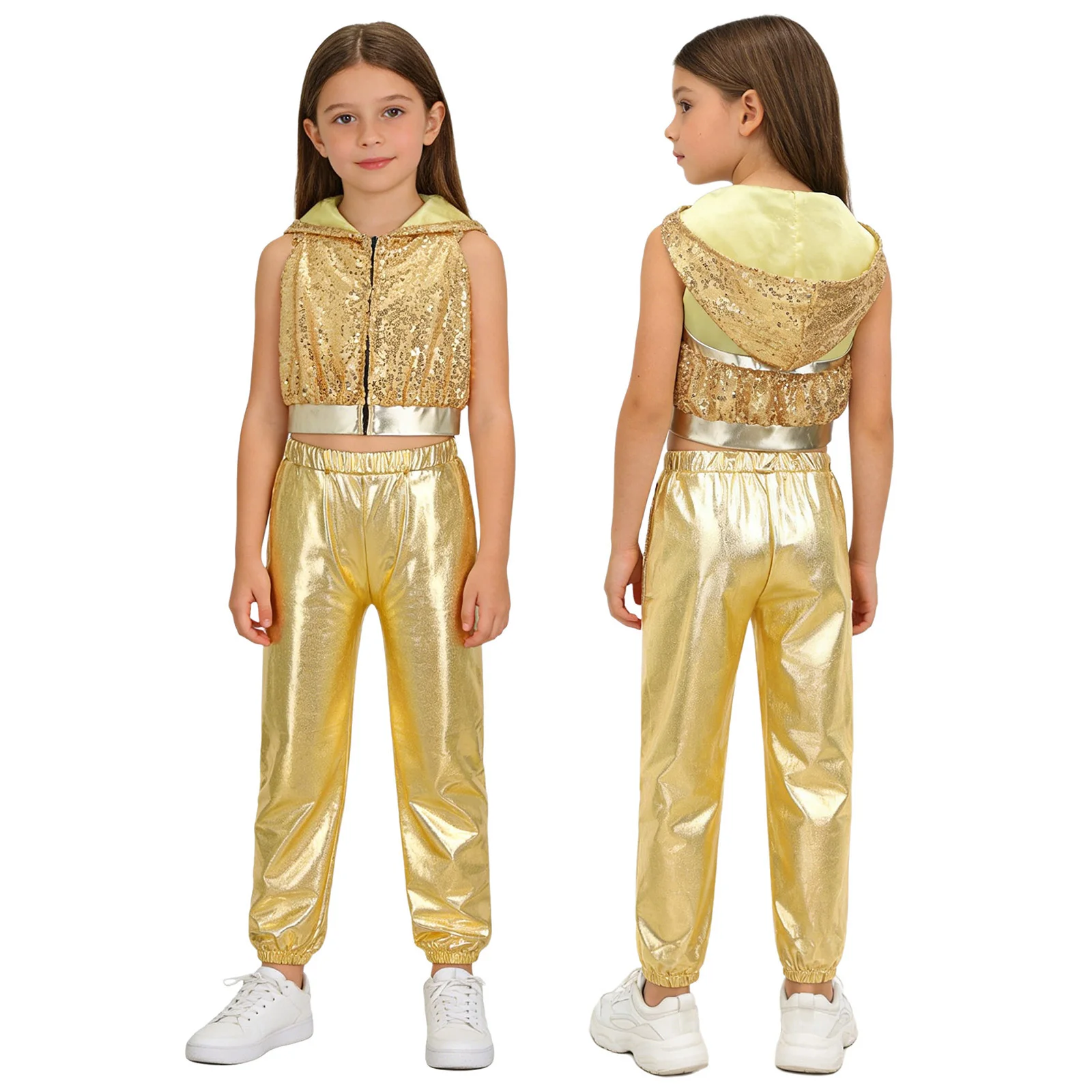 Kids Girls Hip Hop Jazz Street Dance Performance Costume Sleeveless Backless Zipper Sequins Hooded Crop Top with Metallic Pants