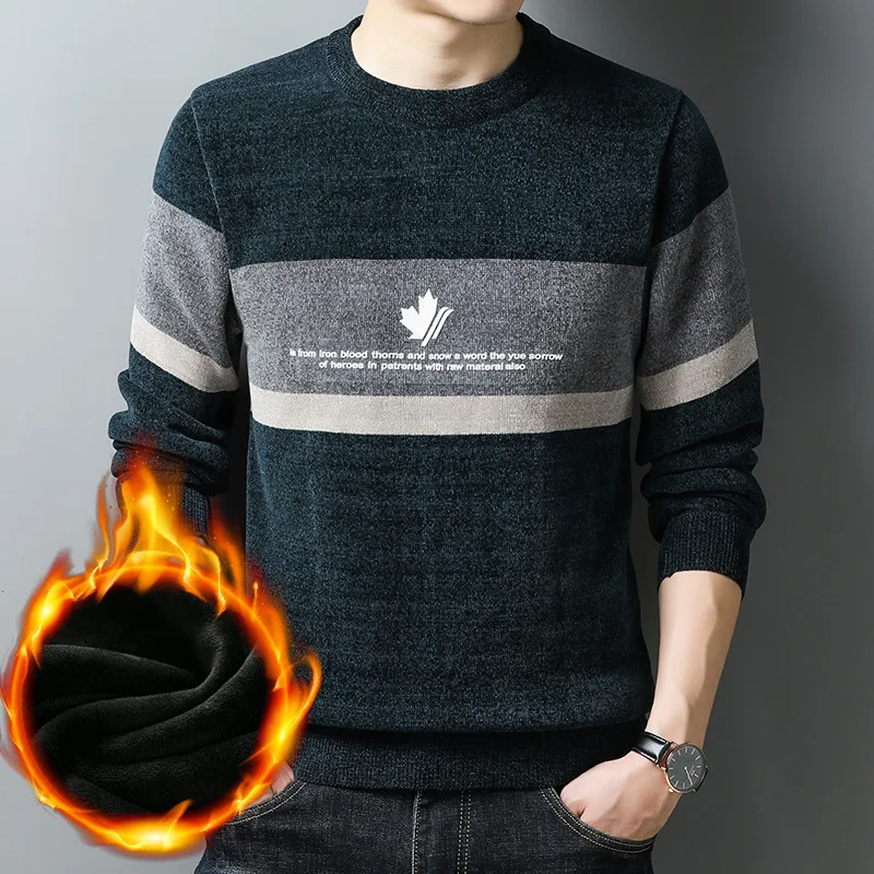 

New Fleece Chenille Sweater Knitwear for Men Winter Thickened Warm Base Shirt for Middle-aged Men