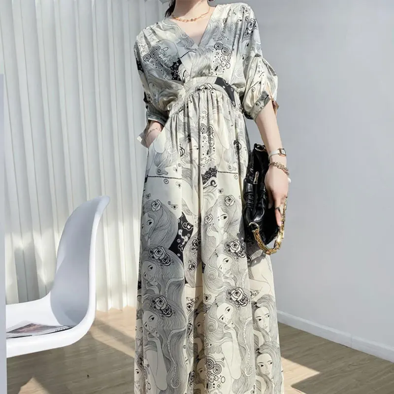 Vintage French Style Long Dress Elegant V-Neck Spring Summer Half Sleeve Female Clothing A-Line Waist Stylish Printed Dresses