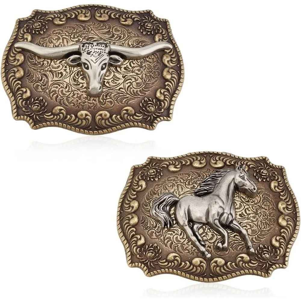 2 Pcs Western Belt Buckle for Men Women Cowboy Cowgirl Running Horse Long Horn Bull Belt Buckle Vintage Golden Western Durable