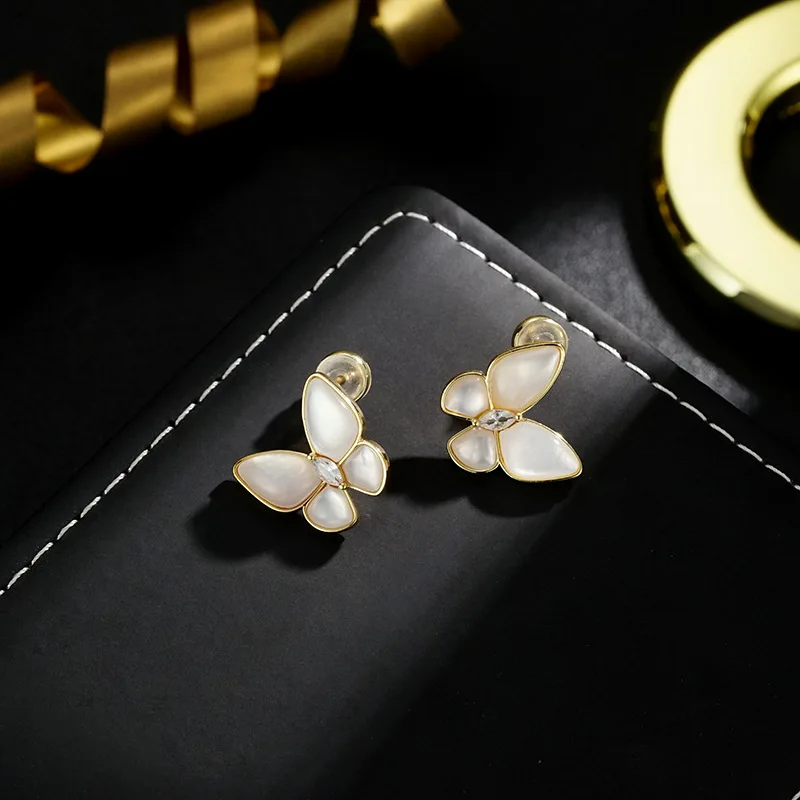 925 Silver Needle Sweet and Cute Wind Natural White Fritillary Temperament Light Luxury Simple Premium Butterfly Stud Earrings