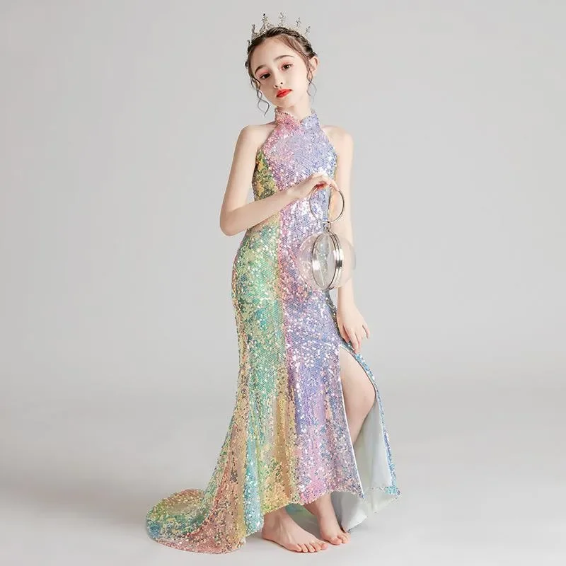 Girls Evening Dress for Kids Elegant Gowns Teen Birthday Party Dresses Children Mermaid Frocks Color sequins Stitching Vestidos