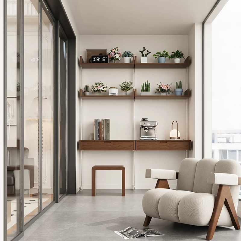 

Balcony shelf solid wood, Bauhaus with desktop bookshelf, floor-to-ceiling display rack flower stand