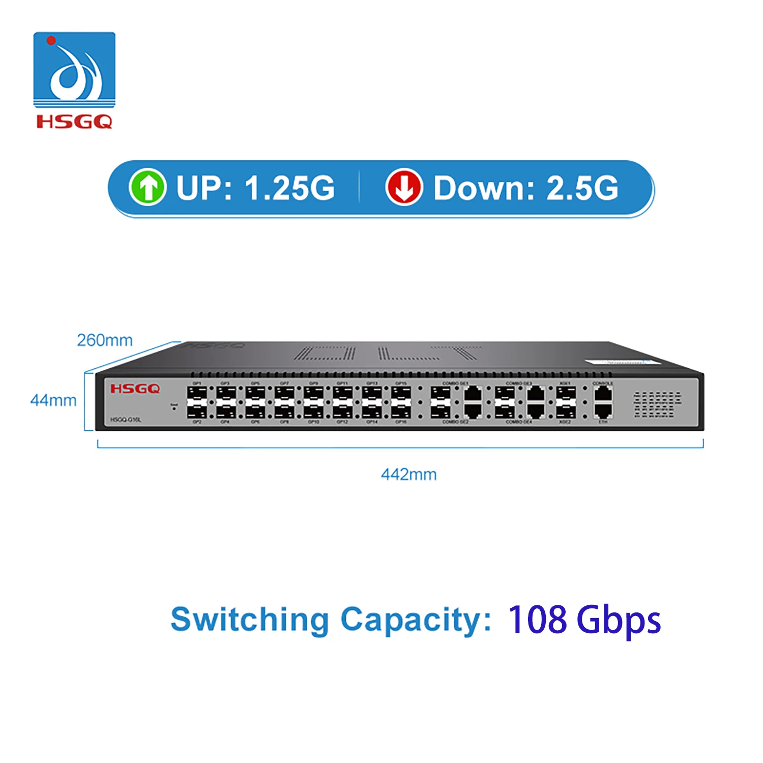 16 PON Ports GPON OLT 4 GE combo ethernet ports, 2SFP+(10GE) optical uplink ports, 16 GPON OLT