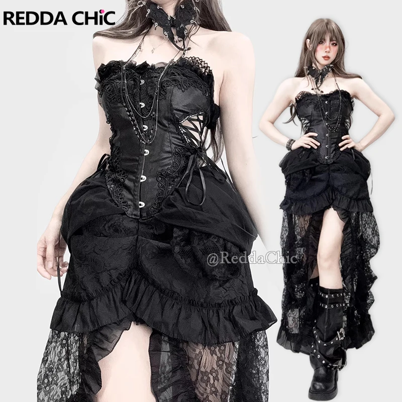 

REDDACHiC Steampunk Lace Corset Skirt Set Black Retro Hollow Laced Strapless Tube Top Hi-Lo Bustle Skirt Punk Goth Women Clothes