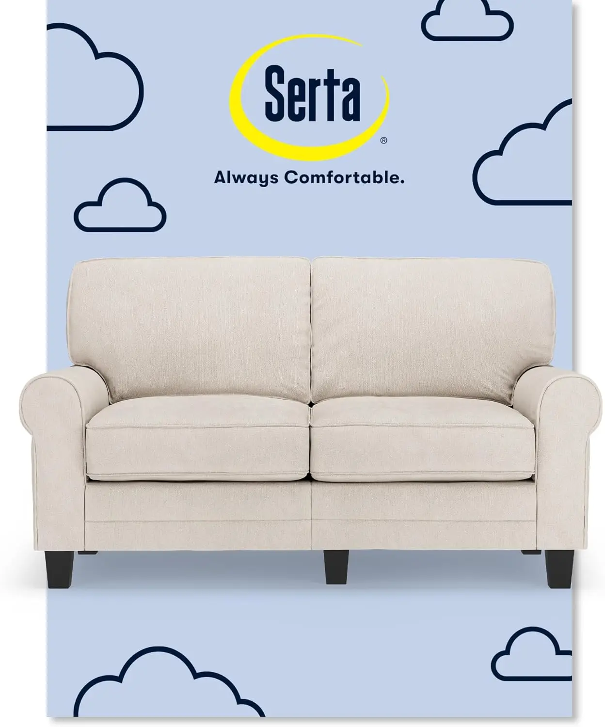 Rolled Arm Sofa,Easy Care Polyester,Soft Pillow Back,Pocket Coil Seat Cushions,Removable Covers,Couch for Small Spaces