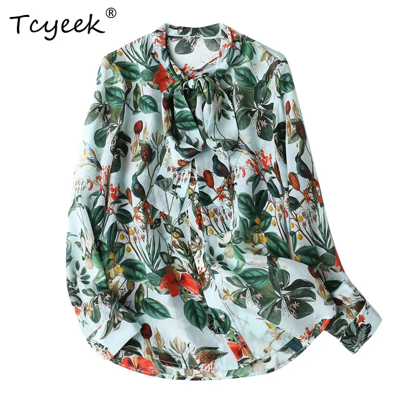 

Tcyeek 100%Real Silk Vintage Shirt For Women Printed Long Sleeve Office Lady Loose Fashion Shirt Spring Autumn New T3N232QC