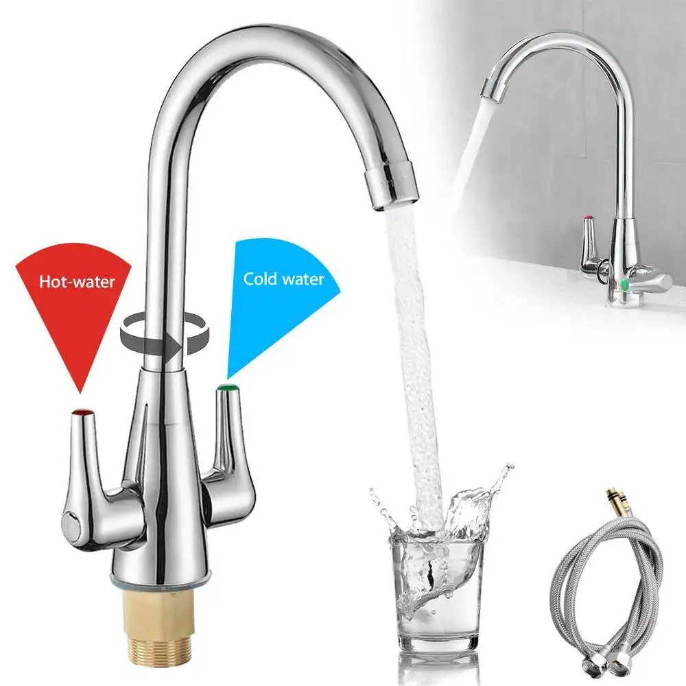 

Double Lever Kitchen Sink Hot Cold Mixer Tap 360° Swivel Spout Elbow Faucet Filter W/60Cm Water Inlet Hose