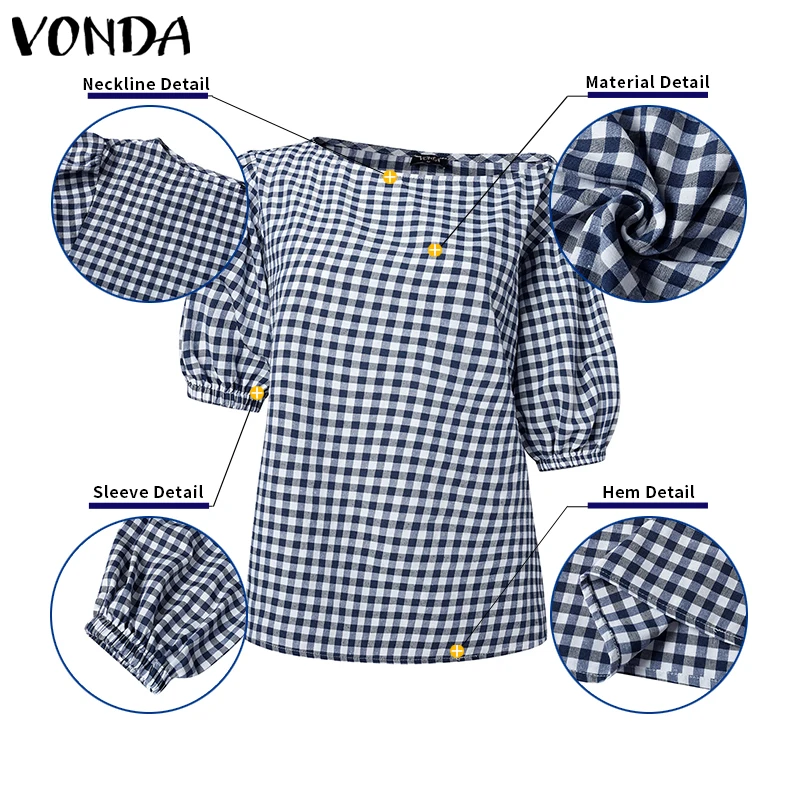 VONDA de talla grande 5XL, blusa elegante a cuadros de verano para mujer, camisas sexis, Tops de moda, Blusas holgadas informales de manga corta abombada para mujer