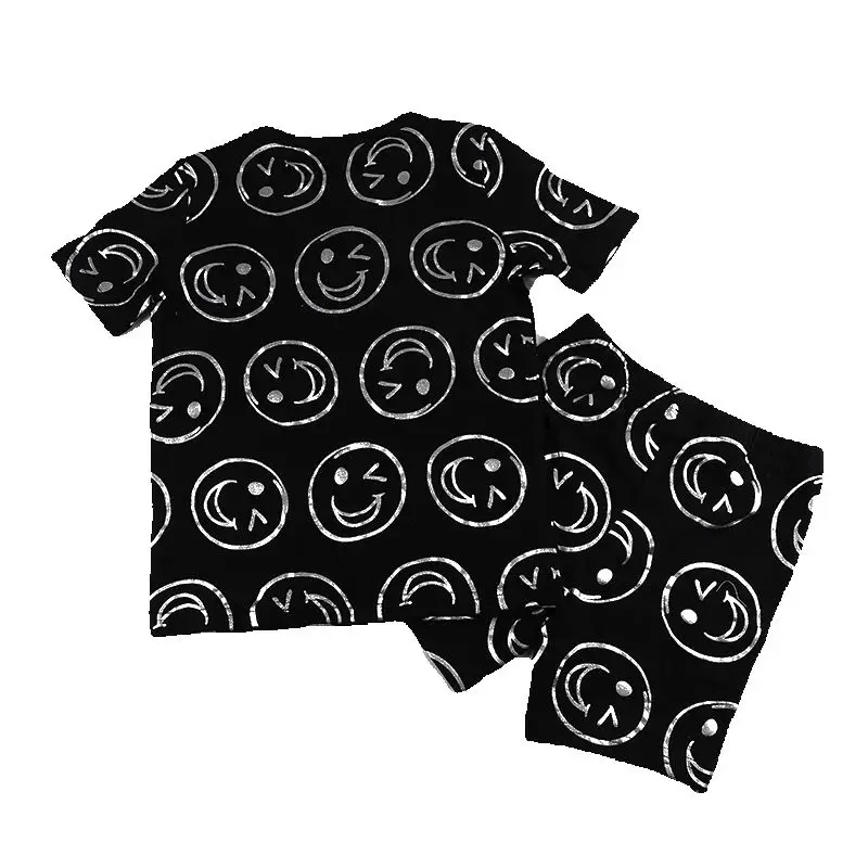 AA-kids boy summer spring fashion clothes 2pcs set cotton long sleeve and short sleeve 2pcs clothes set smile print black set