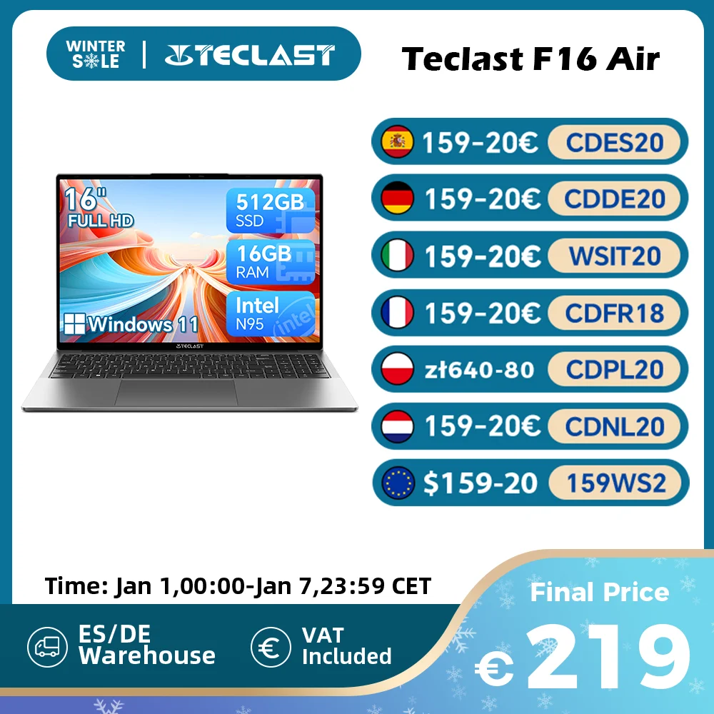 Teclast F16Air 16 inch 180° Flip Laptop 16GB RAM 512GB SSD Intel N95 CPU Windows 11 F16 Air Notebook mini-HDMI Backlit Keyboard