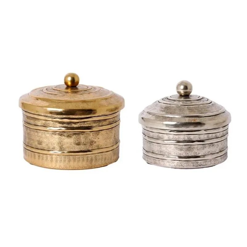 Gold Silver Hammered Metal Round Storage Box Luxury Desktop Organizer Decorative Jewelry Container Home Office Desk Ornament