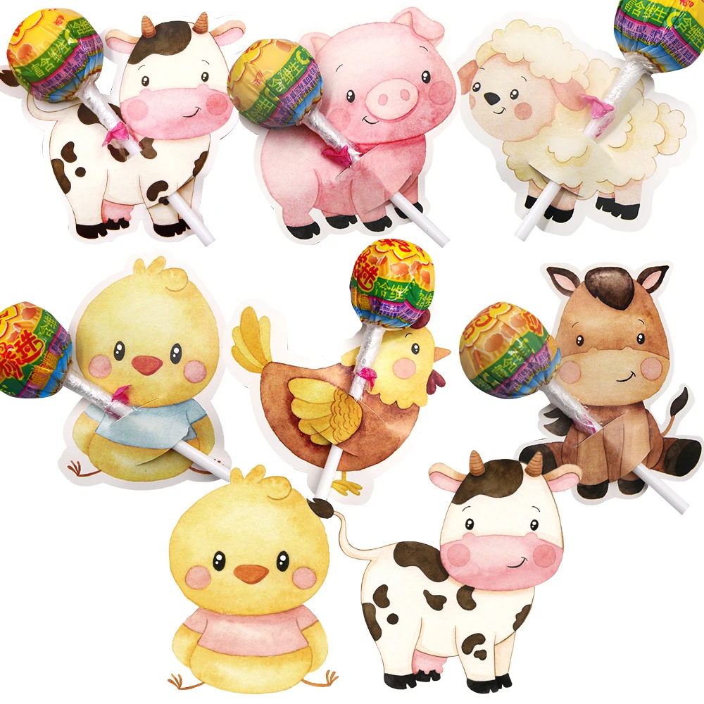 48pcs Carton Farm Animal Lollipop Cards Candy Packaging Supply For Kids Farm Aniaml Birthday Party Decorations Candy Holders