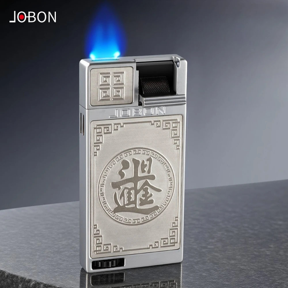 JOBON Flat Fire Blue Flame Gas Lighter, Lever Ignition, Relief Tangcao Pattern, Creative High-end Men's Gift