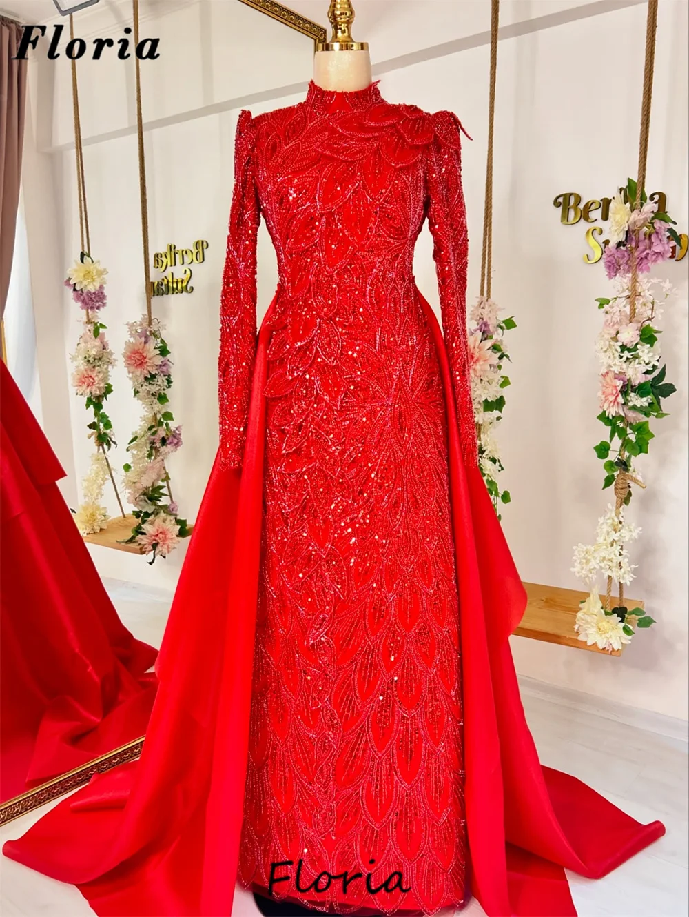 

Middle East Long Sleeves Red Evening Dresses With Overskirt Cocktail Dress Engagement Party Gowns Vestidos De Cóctel Customized