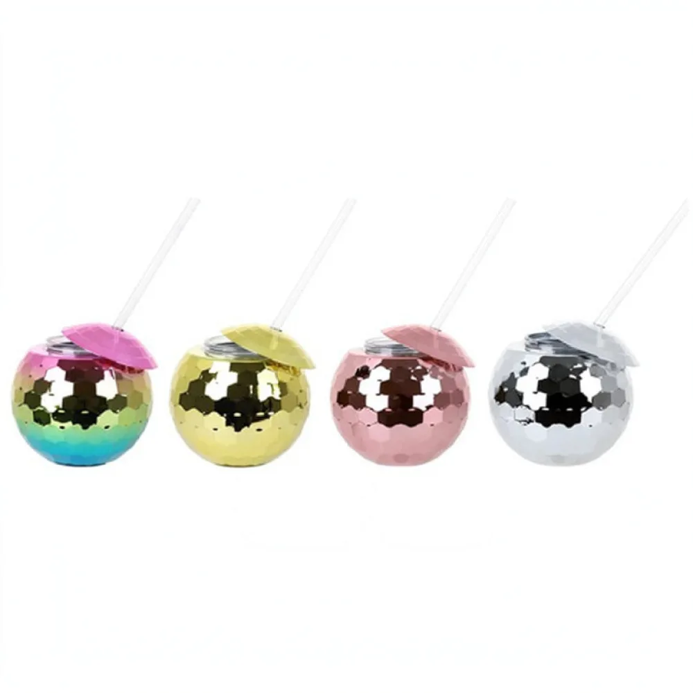 Creative Electroplated Disco Ball Tumbler Plastic Cup With Straw Shiny Sphere Drinkware For Birthday Party Decor Gift