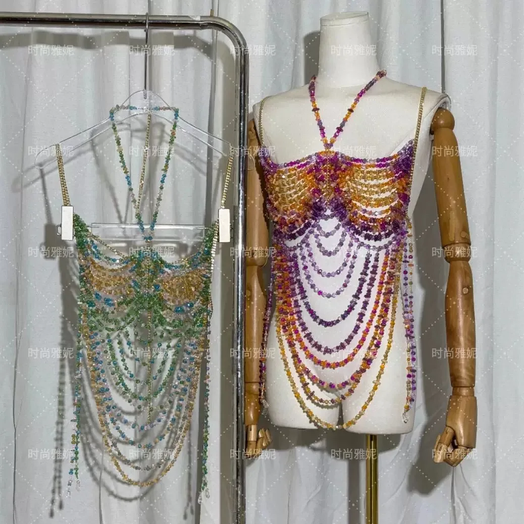 New Acrylic Beaded Hot Girl Body Chain Cover Light Luxury Hanging Neck Hollow Outer Top Beach Party Beaded Top