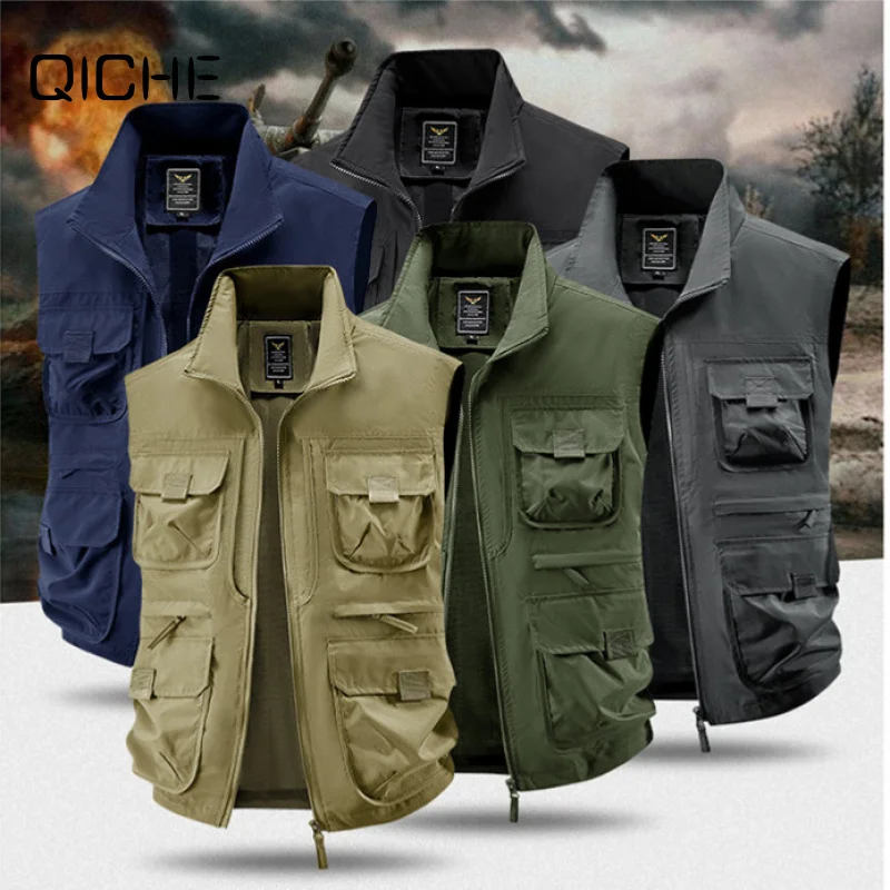 QICHE Men Multi‑Pocket Quick‑Dry Utility Vest Plus‑Size Outdoor Fishing Photography Volunteer Custom Print Casual Outerwear