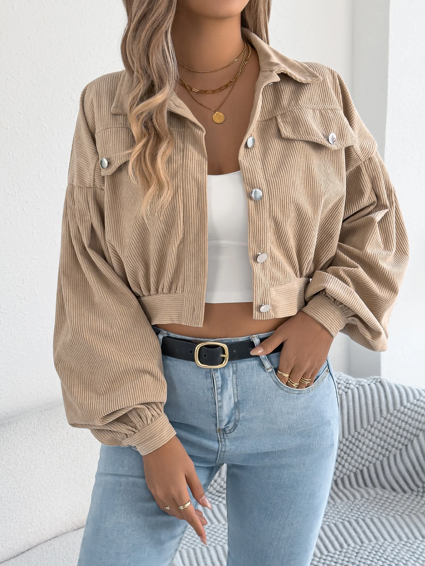 Corduroy Shacket for Women Fall Winter | Short Lapel Jacket Long Sleeve with Mock Pockets & Single B