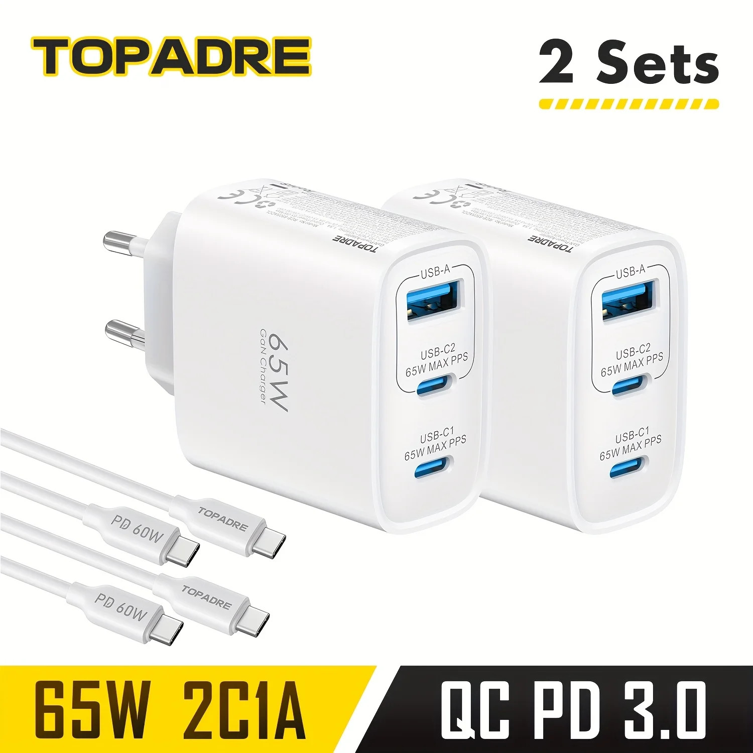 GaN Schnellladegerät 65W USB Typ C 3-Port-Ladegerät PD 3.0 Schnellladung Wandadapter für iPhone 17 Xiaomi Huawei Samsung