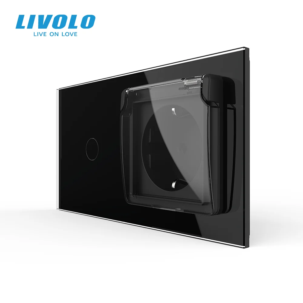 Livolo EU Standard Double Panel 1 Gang + EU Socket with Waterproof Cover,AC 100~250V Crystal Glass Panel for Splashproof
