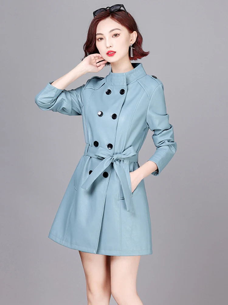 Veste en cuir d'agneau pour femme Ele, double rangée de boutons, manches longues, coupe ajustée, nouvelle collection printemps-automne, vêtement d'extérieur tendance