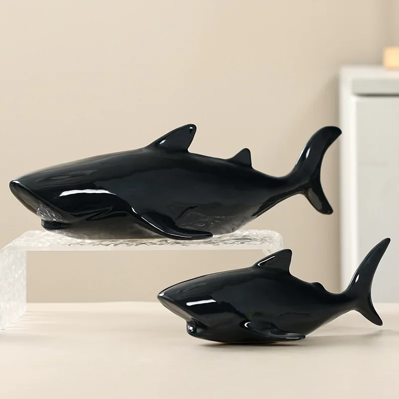 X22Ceramic Handicrafts Simulated Animal Statues Ocean Shark Dolphin Whale Black Fish Decorative Figurines Home Decoration