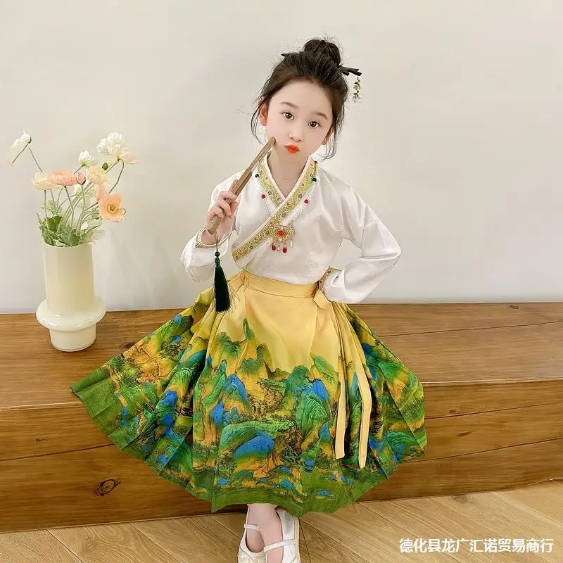 Traje de falda de cara de caballo para niña, vestido de princesa Hanfu de estilo antiguo chino, espectáculo de reloj para bebé Tang S, primavera y otoño, nuevo, 24