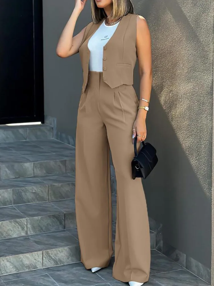 

2024 Women Solid Sleeveless Vest And Wide Leg Pants Elegant Suits Spring Summer Buttons Casual Pocket Ladies Office 2pc Sets