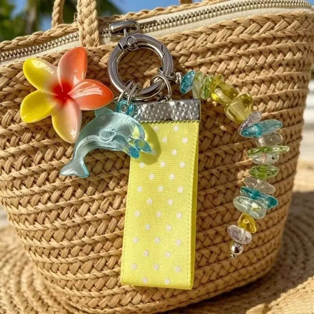 Handmade Plumeria Keychain Dotted Lace Dolphin Shell and Floral Mobile Phone Chain Ocean Inspired Dolphin Pendant Charm