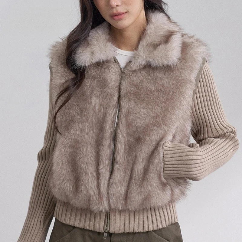 2026 New Russian Winter Warm Faux Fur Coat Women Knit Sleeve Lapel Zipper Thick Plush Plush Outwear Casual Furry Jacket Parkas