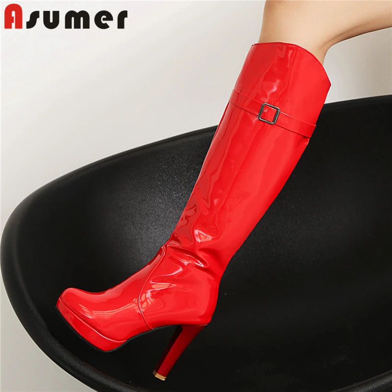 ASUMER Plus Size 33-43 New High Heels Knee High Boots Women Buckle Zipper Platfom Long Boots Red Black White Modern Boots