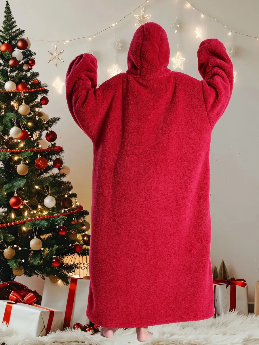 Red Plus Size Christmas Clothing One Piece Hooded Oversized Hoodies for Women Apple Emboridery Winter Warm Flannel TV Blankets