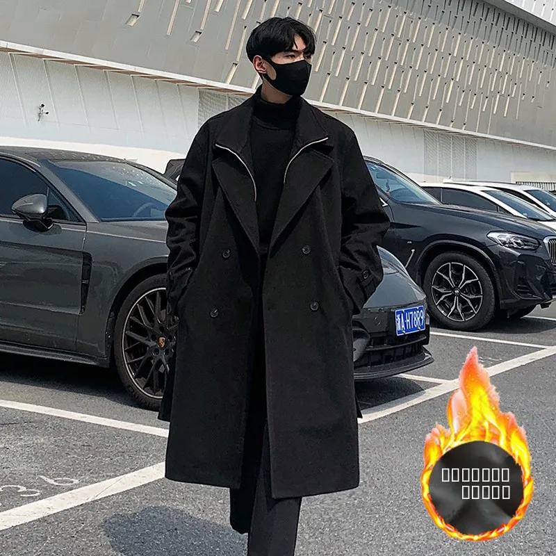 

Thiened Cotton Woolen Coat Warm Windbreaker Outerwear Medium-Length Double-Breasted Button Youth Casual Faion Outerwear