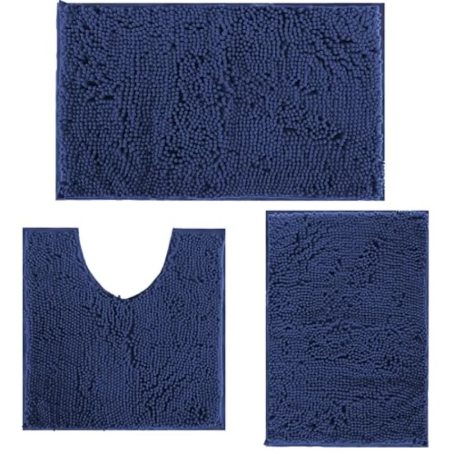 

Indigo Blue Bathroom Rugs Non Slip Washable 3 Piece Extra Absorbent Shaggy Chenille and Mats Sets Soft and Dry Bath Rug/Mat Set