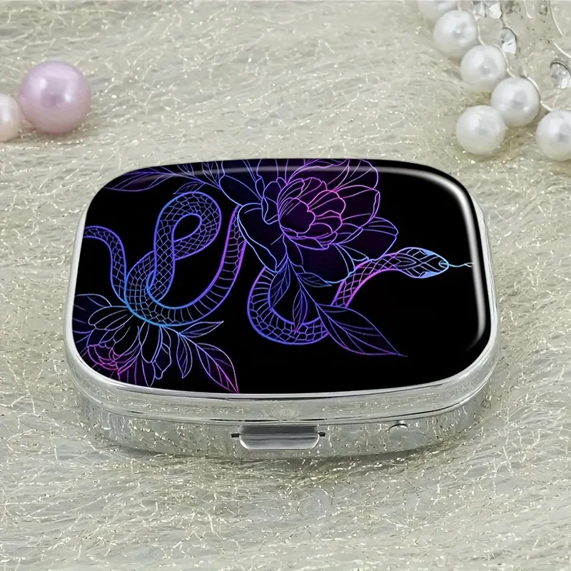 Purple Flower Snake Pattern - Travel Decorative Vitamin and Medicine Box, Compact 2-Grid Pill Organizer for Wallets