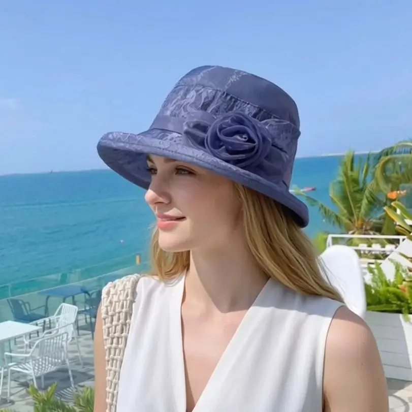 Damen Sommer Bucket Hat Dünner Gesichtsschutz-Hut für Sonnenschutz Modischer Outdoor-Hut mit Blumenverzierung