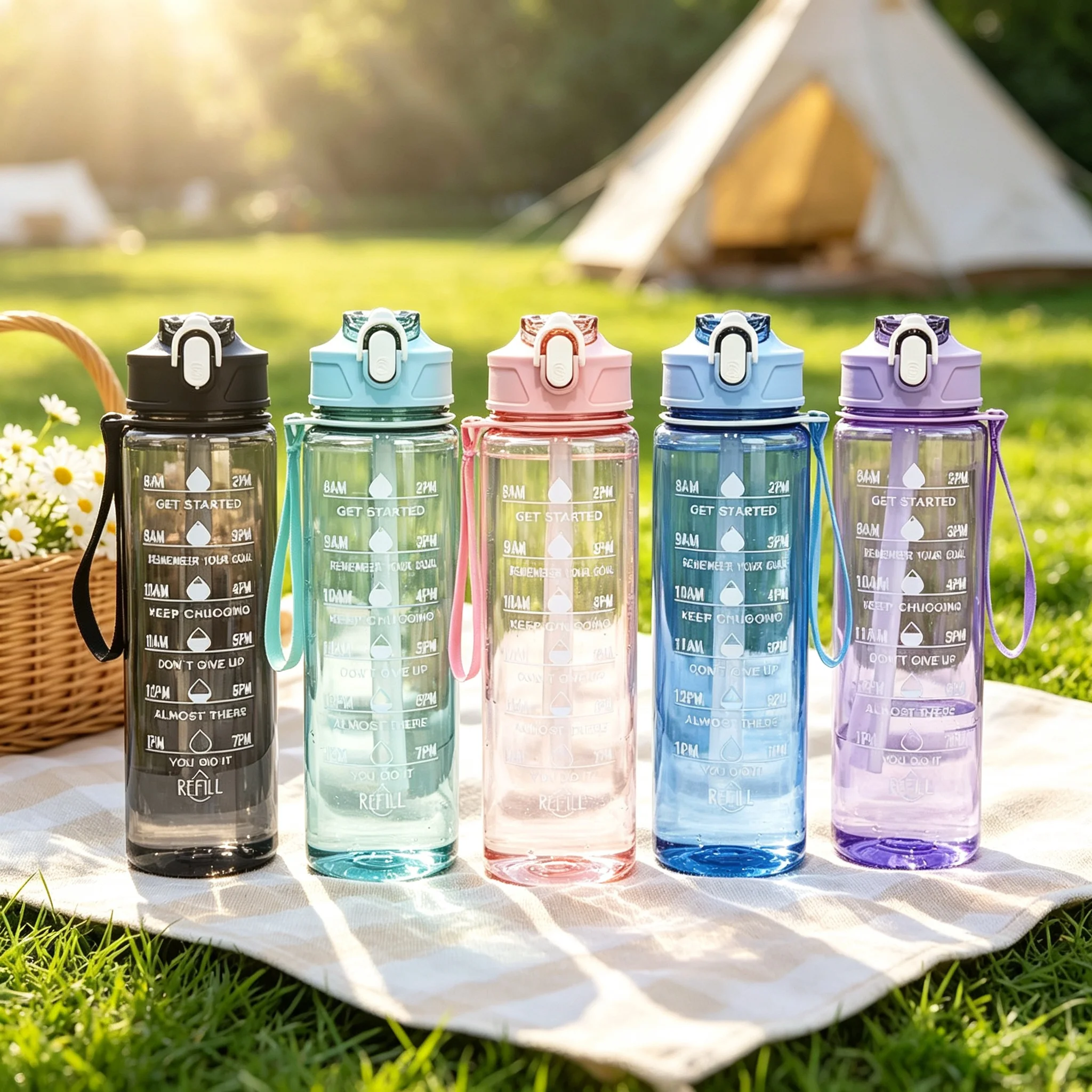 Motivational Time Marker Plastic Water Bottle, Flip‑Top Leakproof Drinking Cup with Carry Strap for Fitness Outdoor Sports