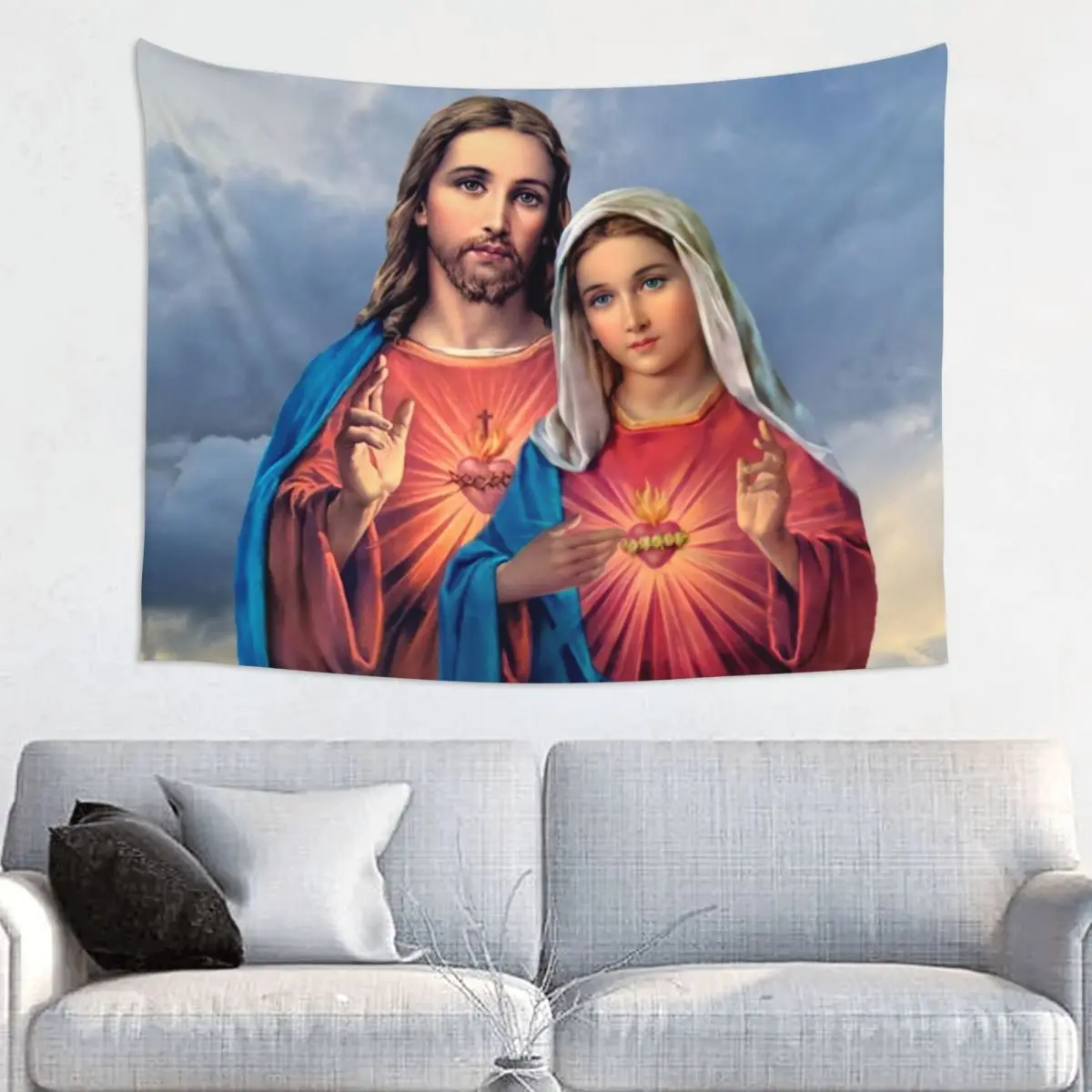 Custom Sacred And Immaculate Hearts Hippie Tapestry for Bedroom Decoration Catholic Jesus and Mary Tapestries Home Decor