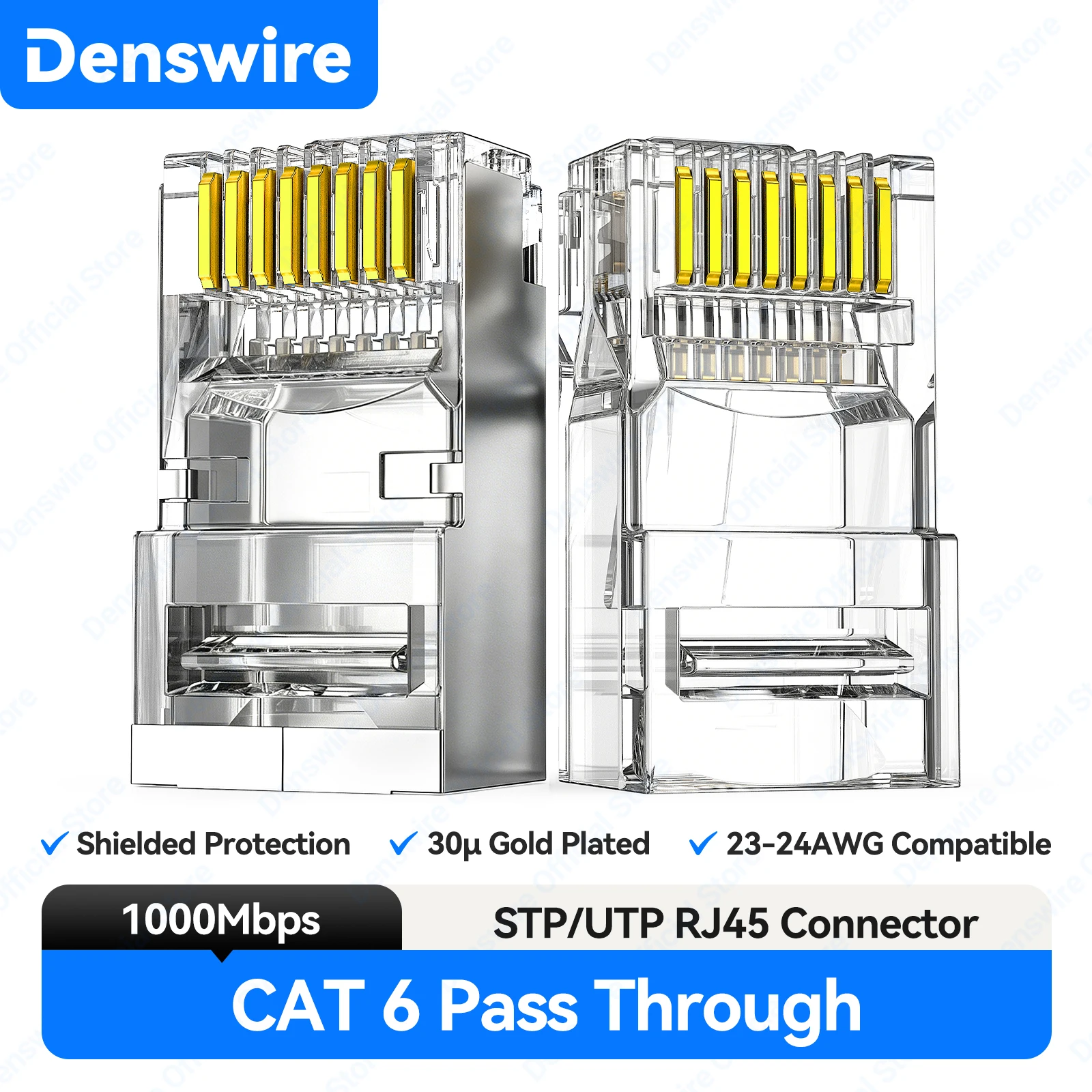Denswire 100PCS CAT6A Cat6 Pass Through 8P8C RJ45 Modular Plug Network Connectors Unshielded/Shielded RJ45 Plug 30μ Gold-Plated