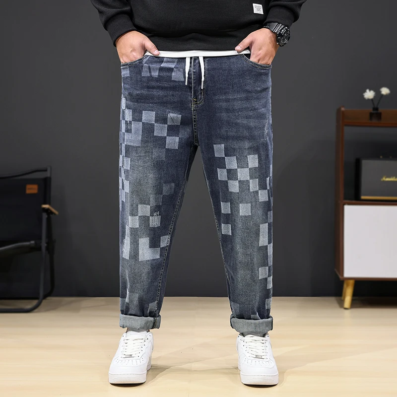 8XL oversized jeans men's fashion mosaic printing stylish stretchy plus size casual denim loose 150kg fat pants