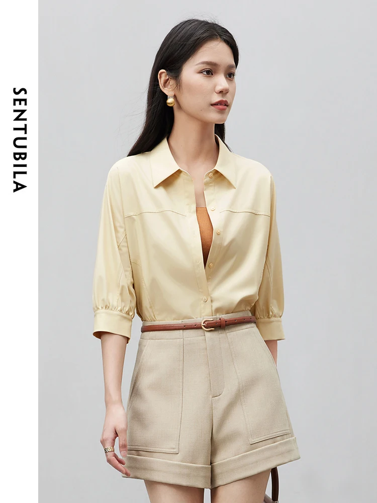 SENTUBILA Polo Collar Three Quarter Sleeve Woman Shirt 2024 Summer New Loose Commuter Professional Button Up Blouse 142C54547