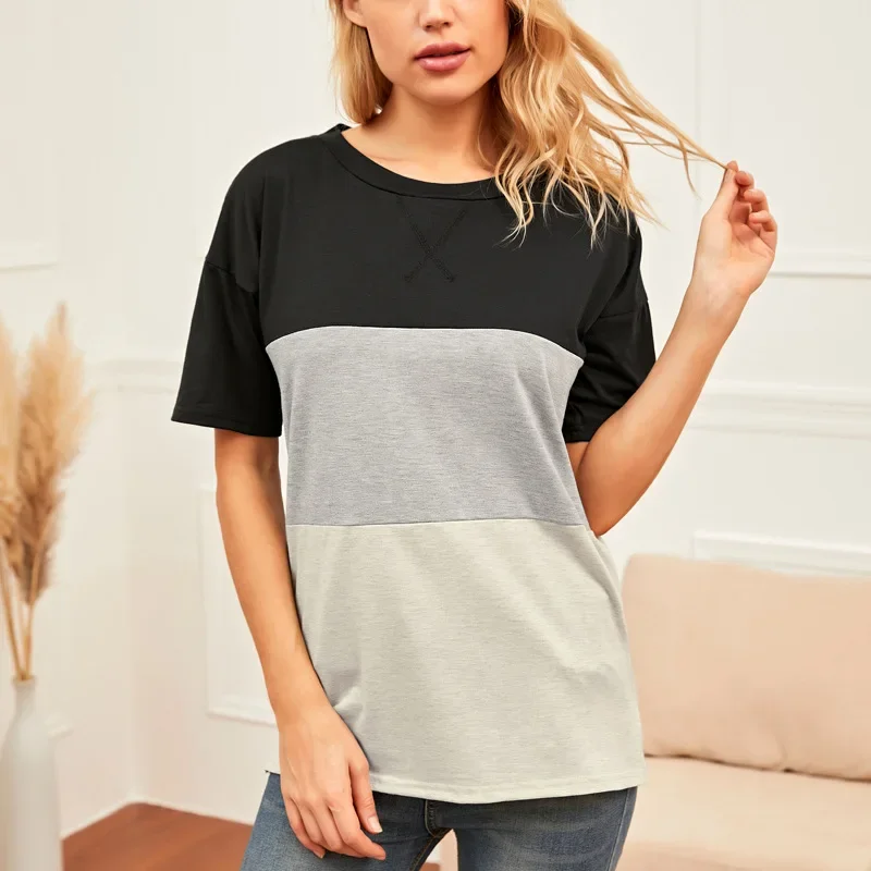 

2024 Woman Casual T-shirt Tops Spring Autumn Cross Color Matching Round Neck Hit Color Short-sleeved T-shirt Oversized All Match