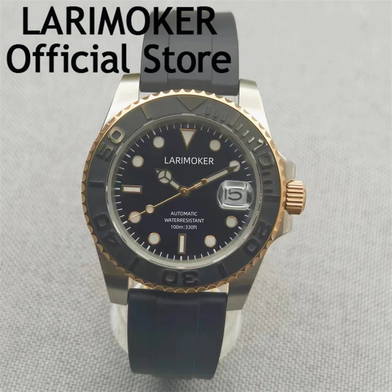 

LARIMOKER Two tone rose gold coating NH35A PT5000 automatic watch rubber strap bright black dial with logo