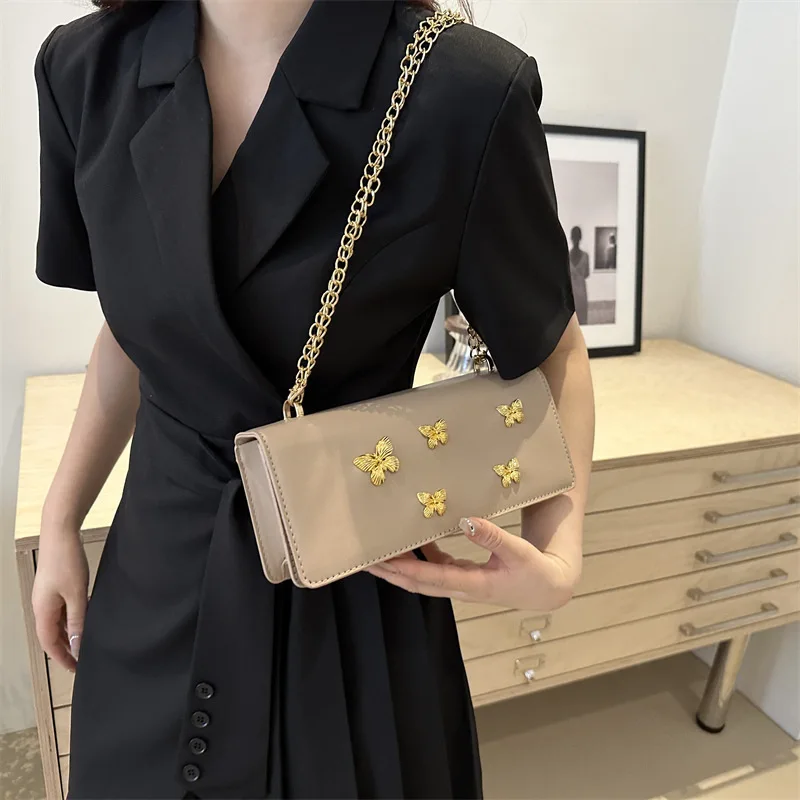 

2024 New Fashion Shoulder Slant French Small Square Women's Bag Forest Style Leisure Chain Rivet Butterfly Shoulder Bag