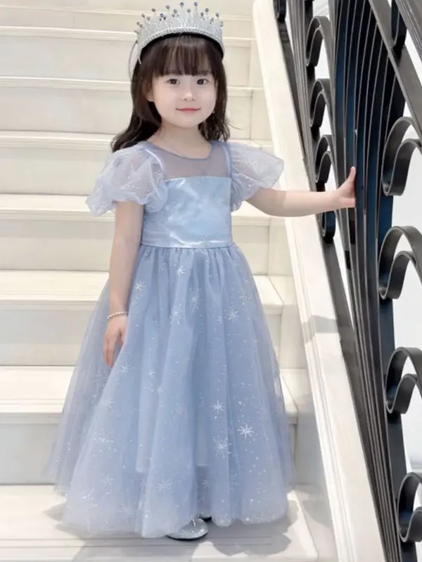 ディズニープリンセス-エルサ-スパークリングドレス-子供の日パフォーマンス-ショーオフ-パフィースカート-夏用-長袖-aラインドレス-女の子用