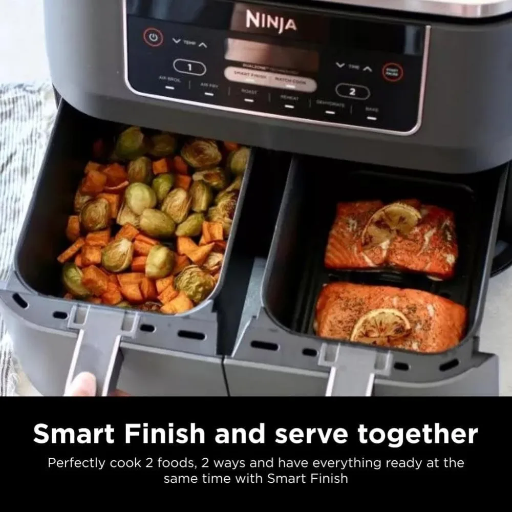 Air Fryer，8 Quart 6-in-1 2 Independent Frying Baskets, Match Cook & Smart Finish to Roast, Dehydrate & More for Quick, Grey