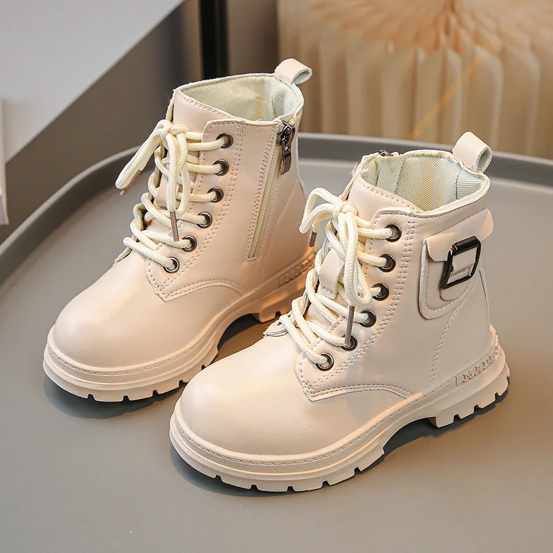 Autumn Winter Children Leather Boots Girls Silver High-top Boots Princess Side Buckle Design Leather Shoes Kids Warm Cotton Boot